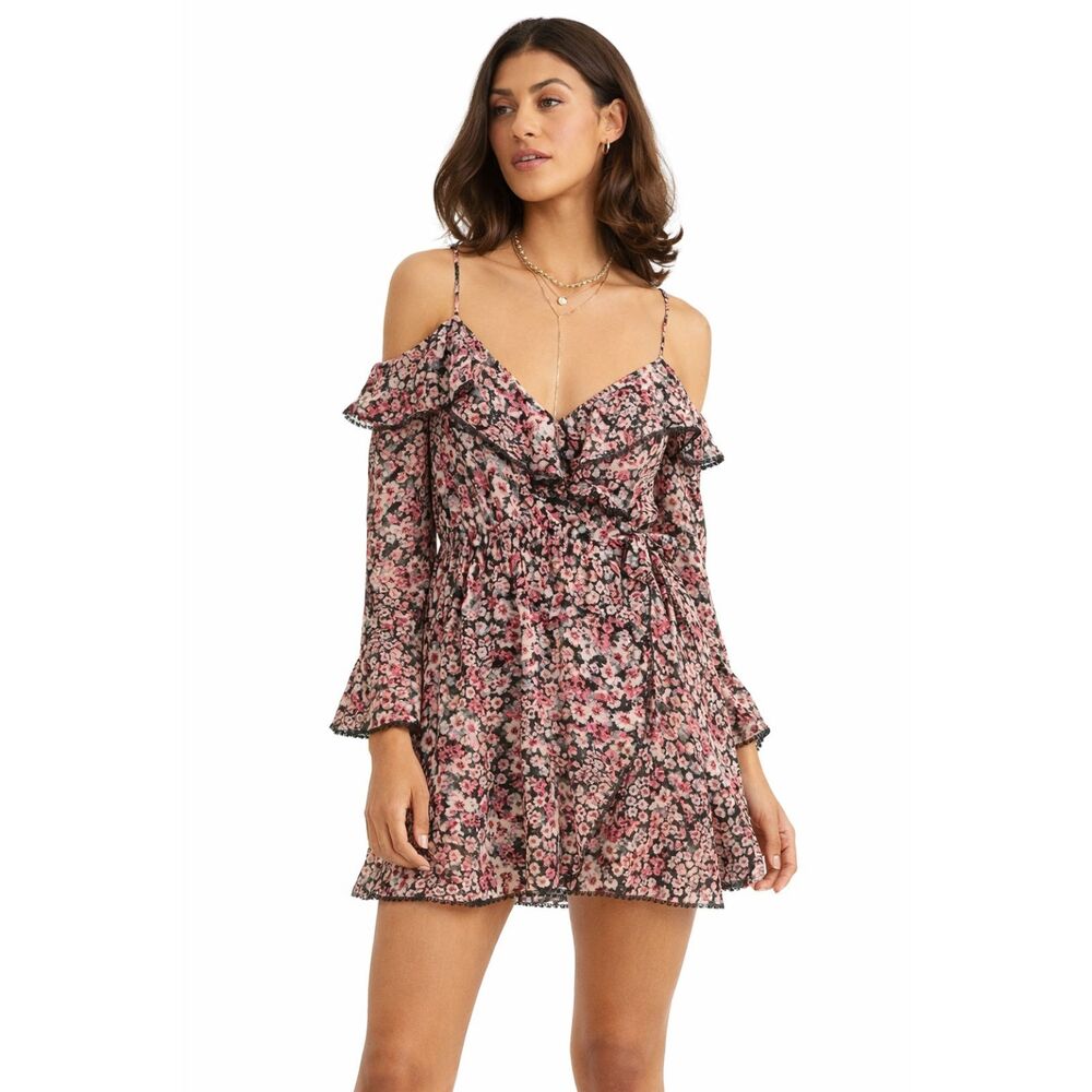 NWT Altar’d State Floral Off‑Shoulder Mini Dress Pink Black Ruffle Long Sleeve S